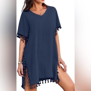 Aimage Navy Blue Tasseled Short Sleeve V-Neck Beach Swim Coverup Plus Size XXL